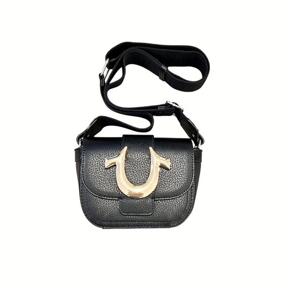 True Religion Mini Flap Crossbody Bag Black Gold Horseshoe Hardware - Picture 1 of 6